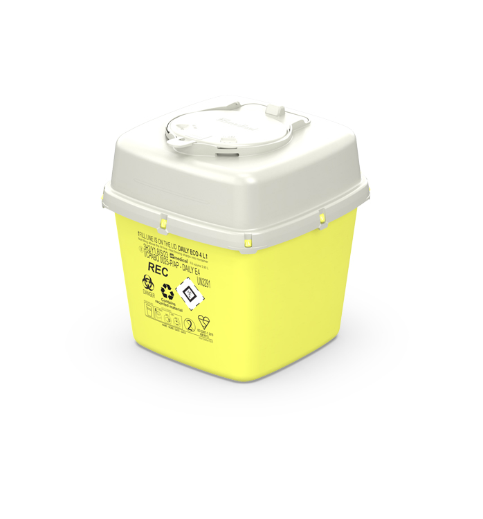 Sharps container Daily 4 square, yellow/white, 4L, afm.19x19xH32cm, eco recycled, AP Medical