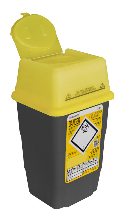 Sharpsafe 1,8L, black container with yellow lid, 5th GEN