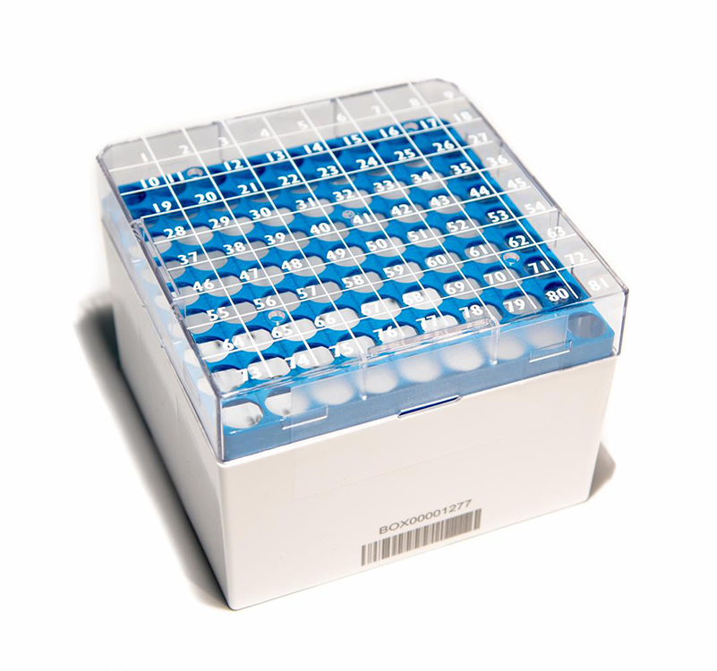 CryoGen 1D barcode box in pc voor 81 buisjes (intern/extern), 132x132mm, blauw Biosigma