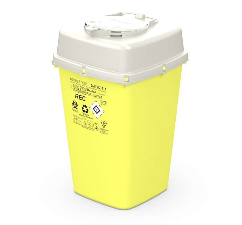 Sharps container Daily 7, square, yellow/white, 7L, afm.19x19xH32cm, eco recycled, AP Medical