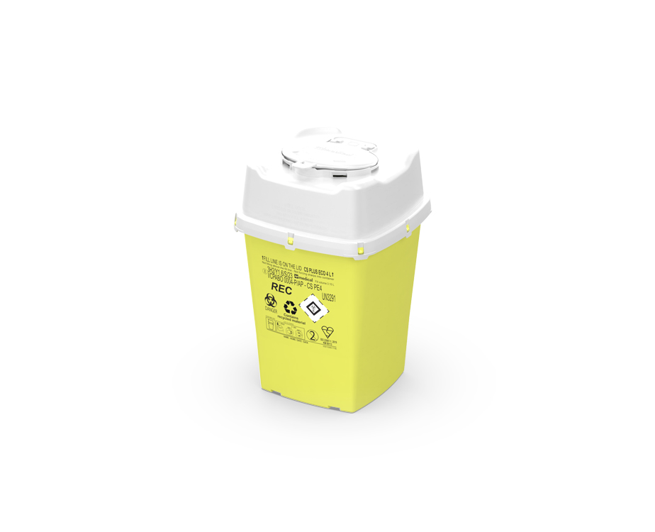 Sharps Container CS Plus Line, carré, jaune/blanc, 4 liter, 16,7 x 16,7 x 24,7cm, eco recycled, AP Medical