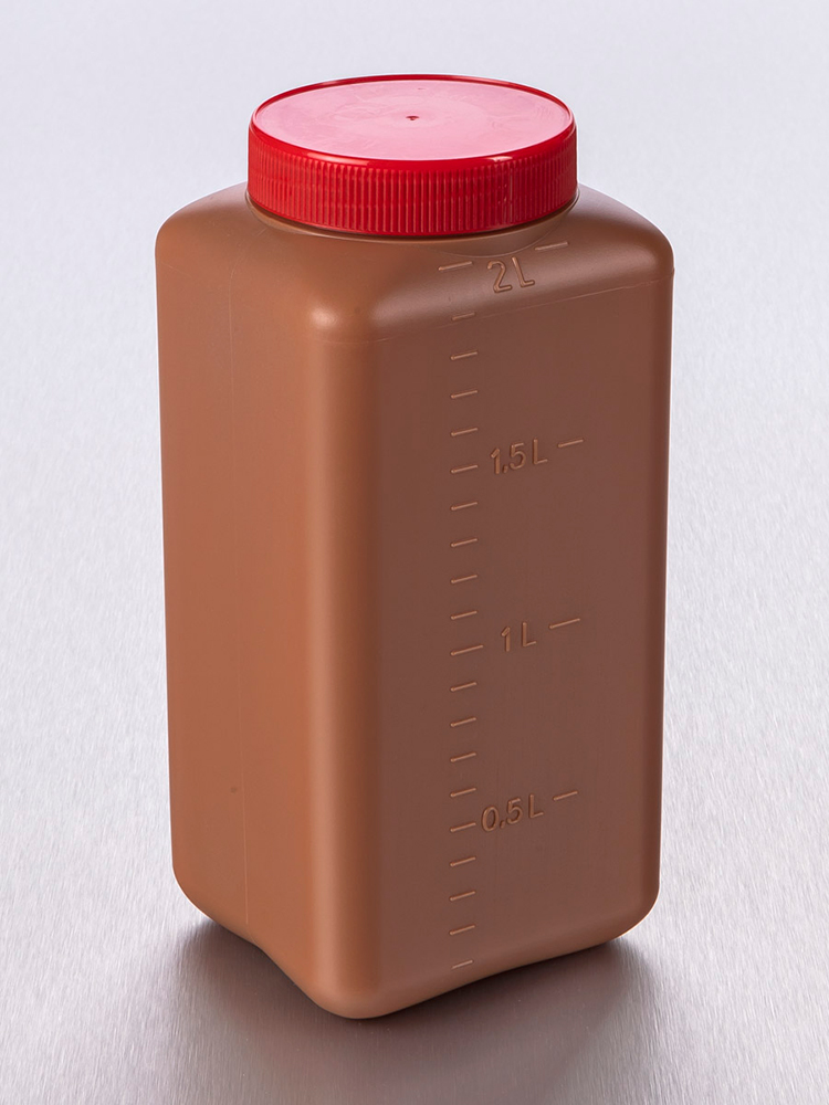 24H urine beaker 2L brown, HDPE with wad and red cap, aseptique, Gosselin