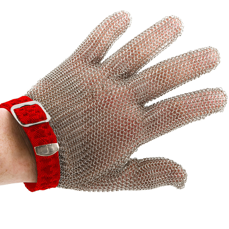 Promesh safety handschoen, medium, uit roestvrij staal, met rood riempje, flexibel, Cellpath