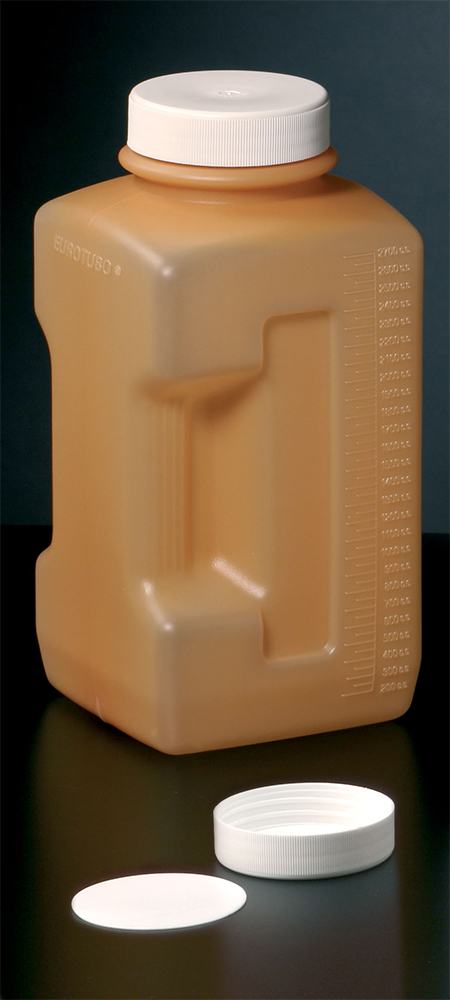 Squared 24H urine container, 2.7L, brown, HDP with wad and white cap, aseptique, Deltalab