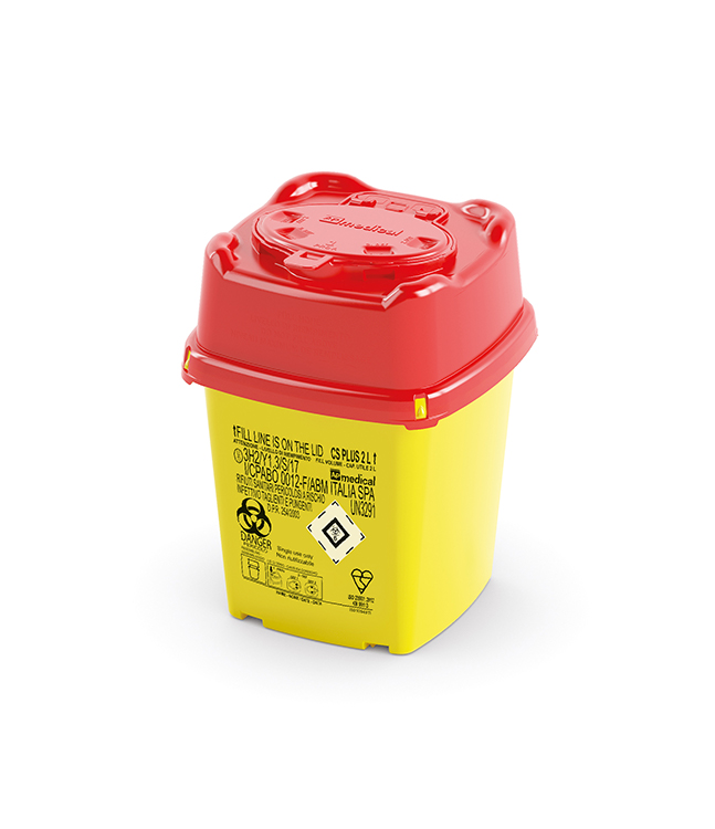 Sharps Container CS Plus Line, carré, jaune/rouge, 2 liter, 15,1 x 15,1 x 20 cm hauteur, AP Medical