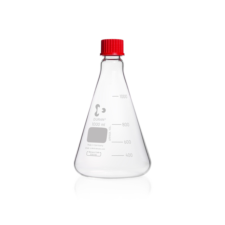 Fiole Erlenmeyer 1000 ml avec graduation, col étroit, fond fin, GL 32 + capuchon à vis PBT, diamètre 131mm, hauteur 225mm, Duran