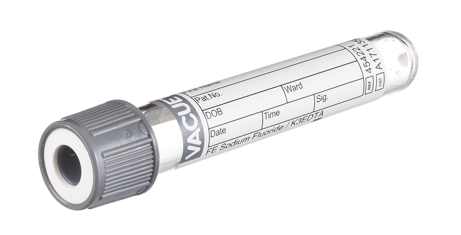 Vacuette tube 2ml, 75x13mm, sodium fluoride/EDTA K3, grey pressure cap with white ring, paediatric draw, Greiner