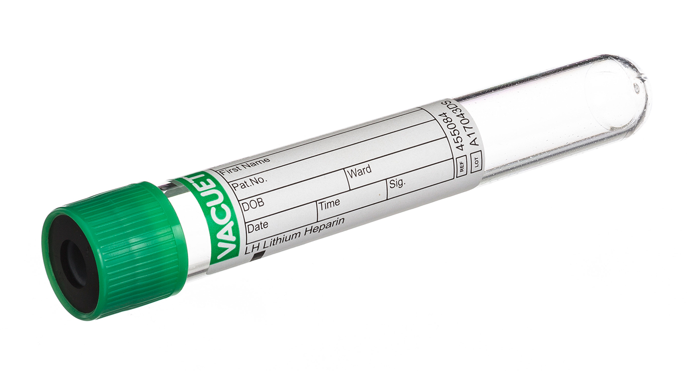 Vacuette tube 9ml, 100x16mm, lithium heparin, green pressure cap with black ring, Greiner