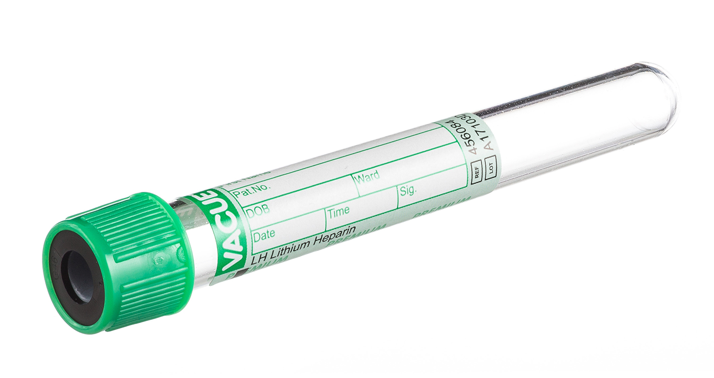 Vacuette tube 6ml, 100x13mm, bouchon à vis vert, héparine de lithium, étiquette en papier, Greiner