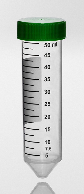 Tube 115x130mm, 50 ml, fond conique plp, avec zone d'écriture et bouchon à vis vert, stérile, sac/25pcs, 20000G