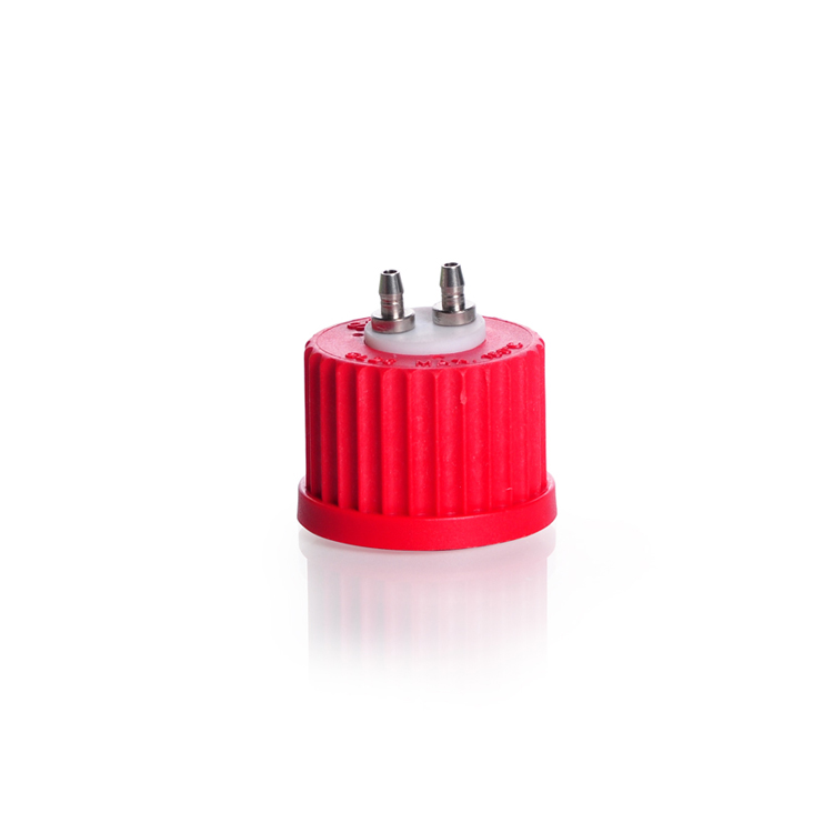 Duran screwcap GL25 with 2 connector caps, red, with PTFE insert