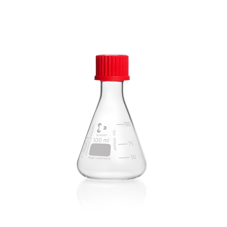 Fiole Erlenmeyer 100 ml avec graduation, col étroit, fond fin, GL 25 + capuchon à vis PBT, diamètre 64mm, hauteur 109mm, Duran