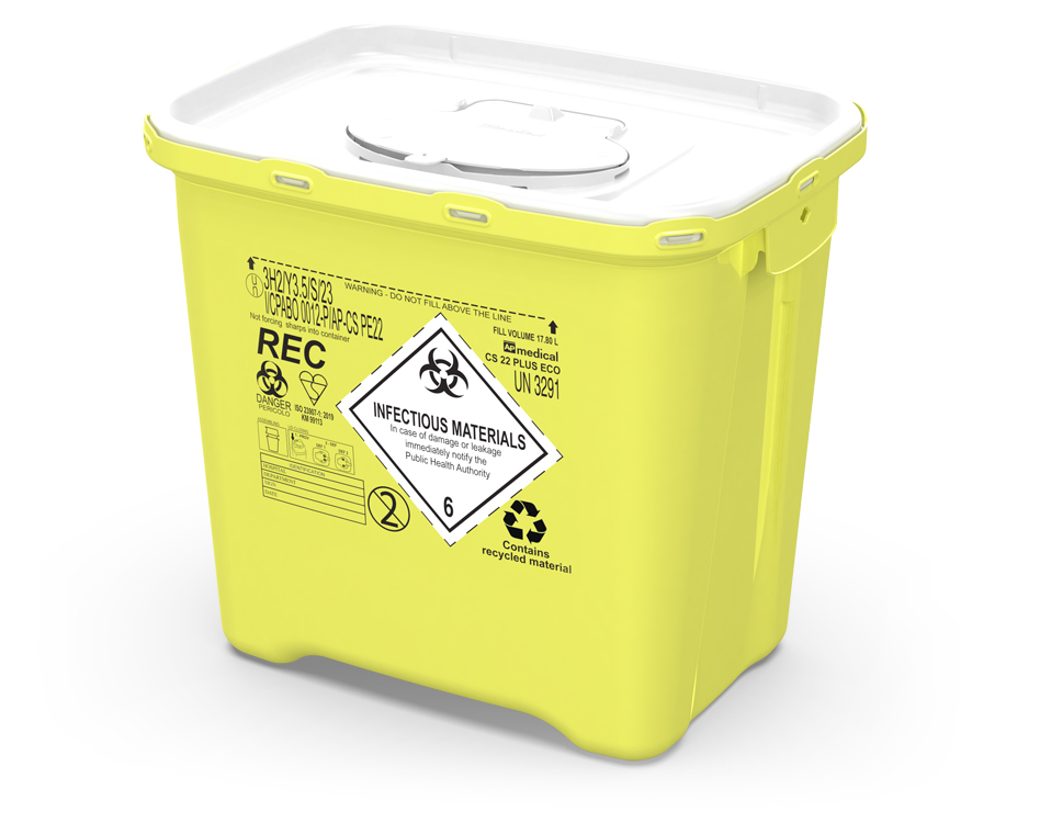 Sharps Container CS Plus Line, square, yellow/white, 22 liter, 37,5 x 27,2 x 34,5cm, eco recycled, AP Medical