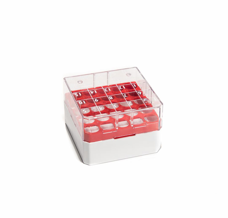 CryoGen box in pc for 25 1,2/2ml tubes, 76x76mm, red grid + writing area Biosigma