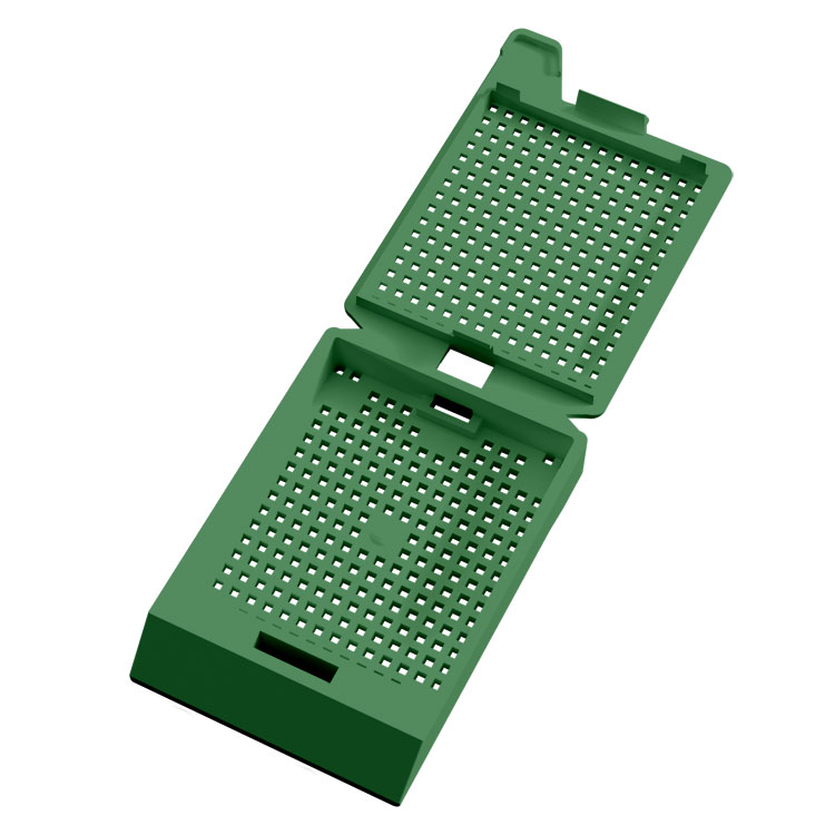 System III Biopsy cassette, with hinged lid, preloaded, dark green, Cellpath, for Leica/Sakura printer