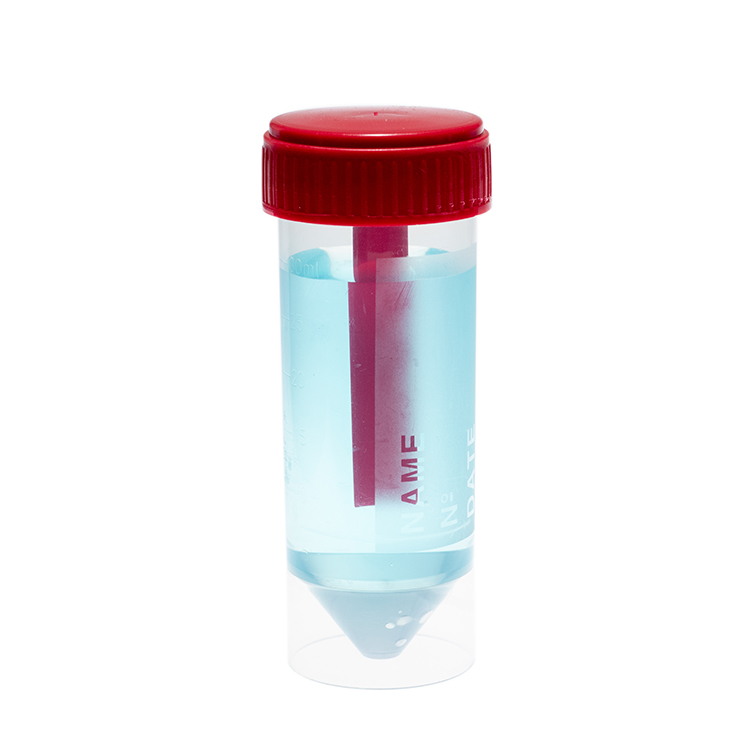 30ml faecesbeaker with spoon, red screwcap, polypropylene, graduated, with frosted writing zone