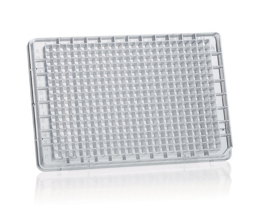 Plaque microtitre 384 F-well cellGrade 100µl, polystyrène, avec couvercle, stérile, Brand