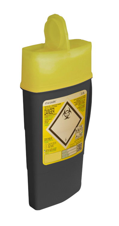 Sharpsafe 0,6L, clear opening,  black container with yellow lid, 5th GEN