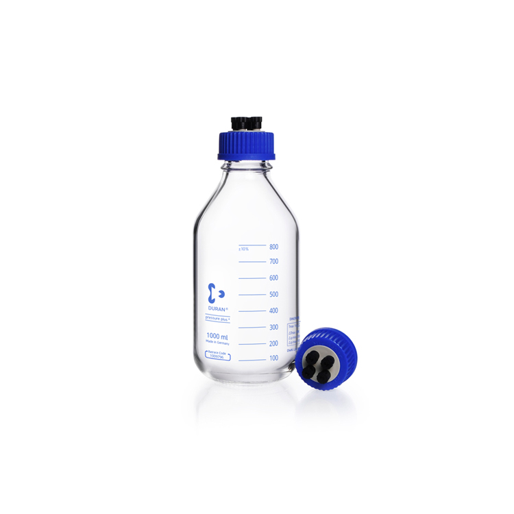 Laboratory glass bottle GL 45, HPLC, pressure resistant, with screw cap (4 ports, PP) and seals, 1000 ml Duran