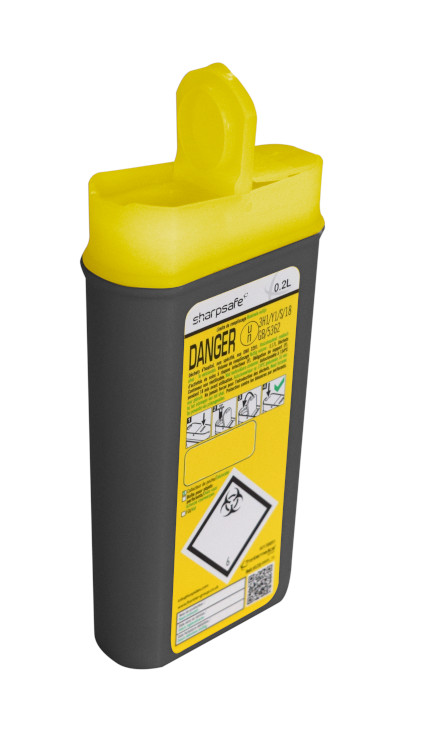 Sharpsafe 0,2L, clear opening, Sharpsafe 0,45L, blade opening, black container with yellow lid, 5th GEN