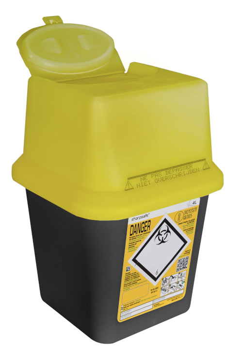 Sharpsafe 4L, conteneur noir avec couvercle jaune avec valve, 5th GEN