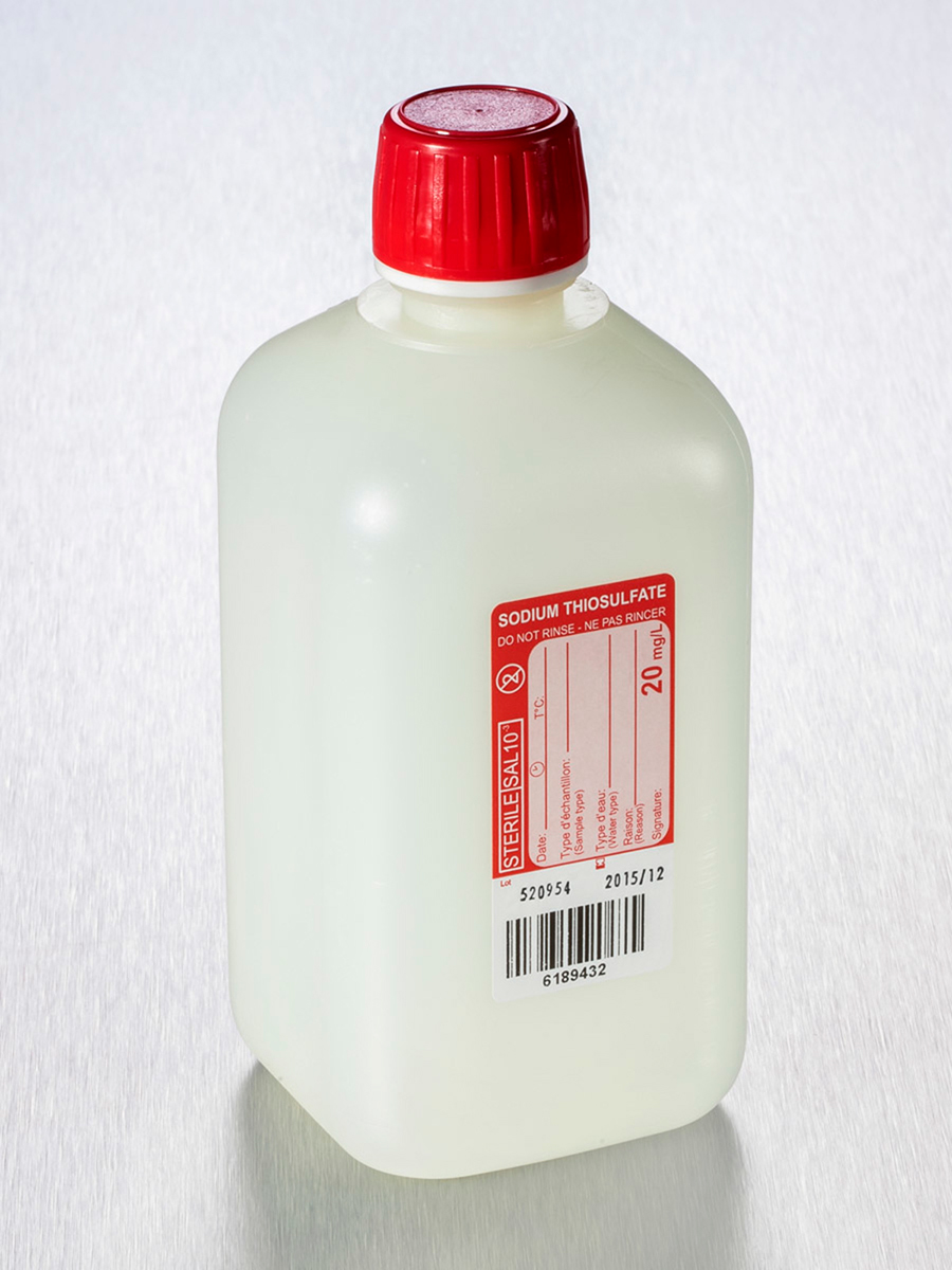 Flacon 500ml analyse d'eaux +bouchon inviolable + 10mg thiosulfate, stérile ind, Gosselin