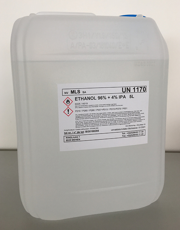 5L Ethanol 96%, 4% Isopropanol, récipient en plastique