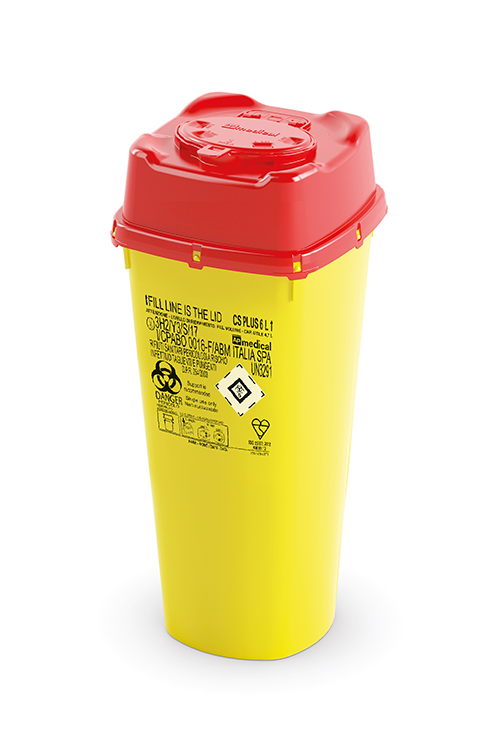 Sharps Container CS Plus Line, square, yellow/red, 6 liter, 16,7 x 16,7 x 39 cm width, AP Medical