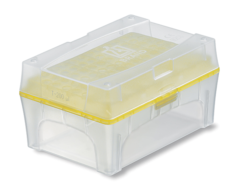 Tipbox, vide, avec tip-tray jaune pour pointes 200µl, plp, empilable, Brand