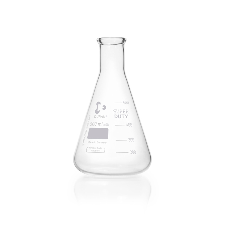 Erlenmeyer Super Duty 500ml, met versterkte rand, smalle hals en graduatie Duran