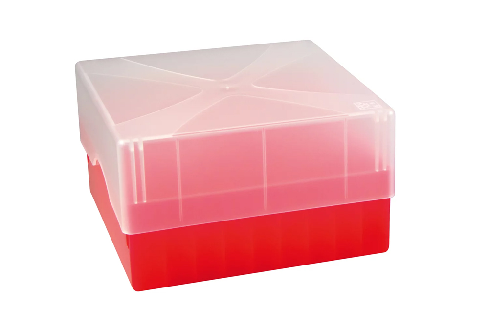 Cryobox, plp, rood, 9x9 plaatsen, 133 x 133 x 50/75 mm, combi-deksel, numerieke code, Ratiolab