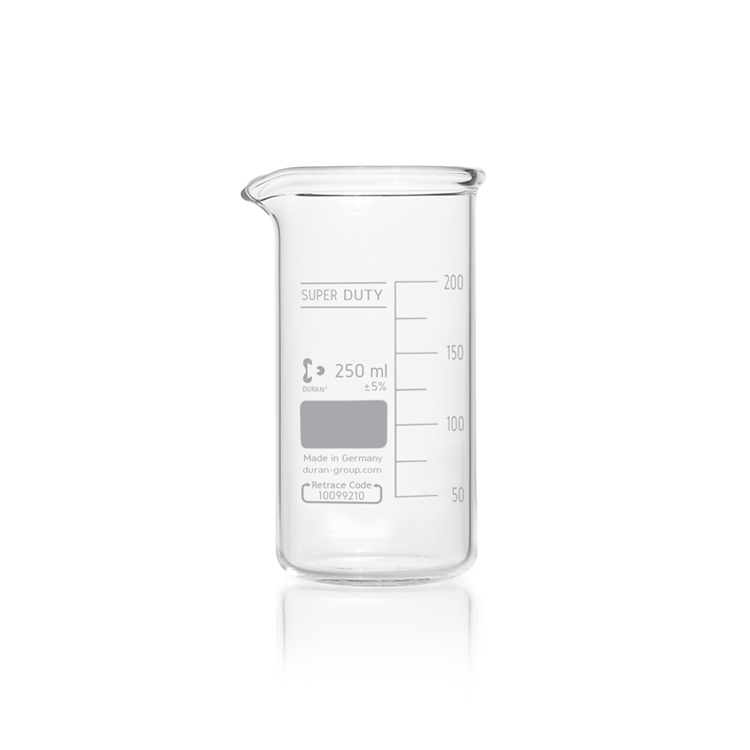 Beaker Super Duty 250ml, with reinforced rim, tall form with spout Duran