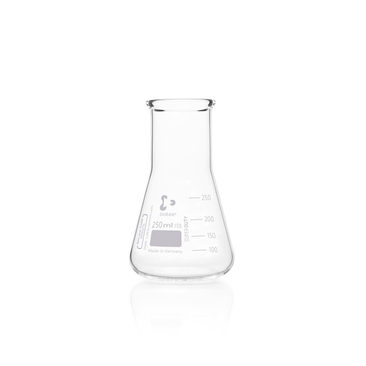 Erlenmeyer Super Duty 250ml, with reinforced rim, wide neck and graduation Duran