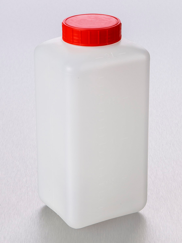 Square beaker 2L, HDPE with seal and red cap, Gosselin