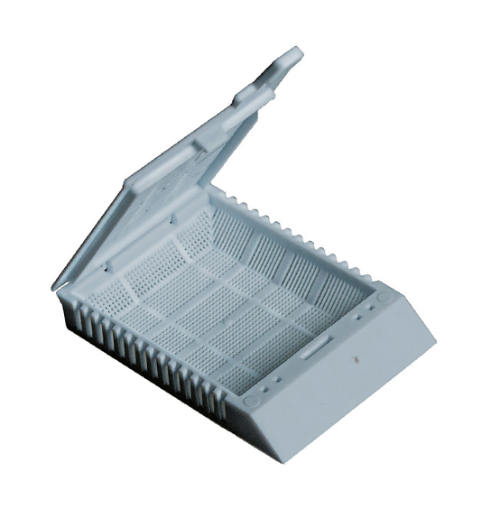 SuperFlo micro biopsie cassette, 1 compartiment with hinged lid grey, Simport