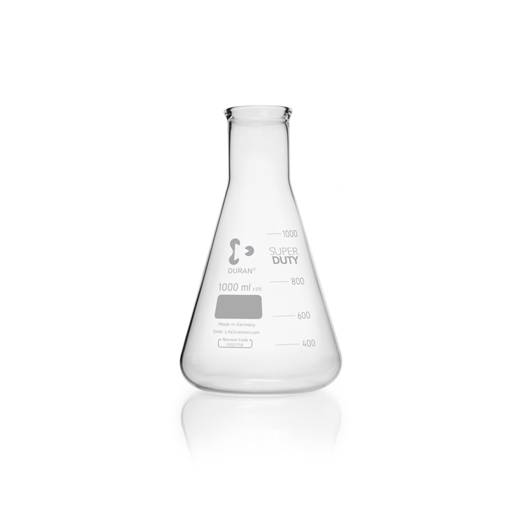 Erlenmeyer Super Duty 1000ml, met versterkte rand, brede hals en graduatie Duran