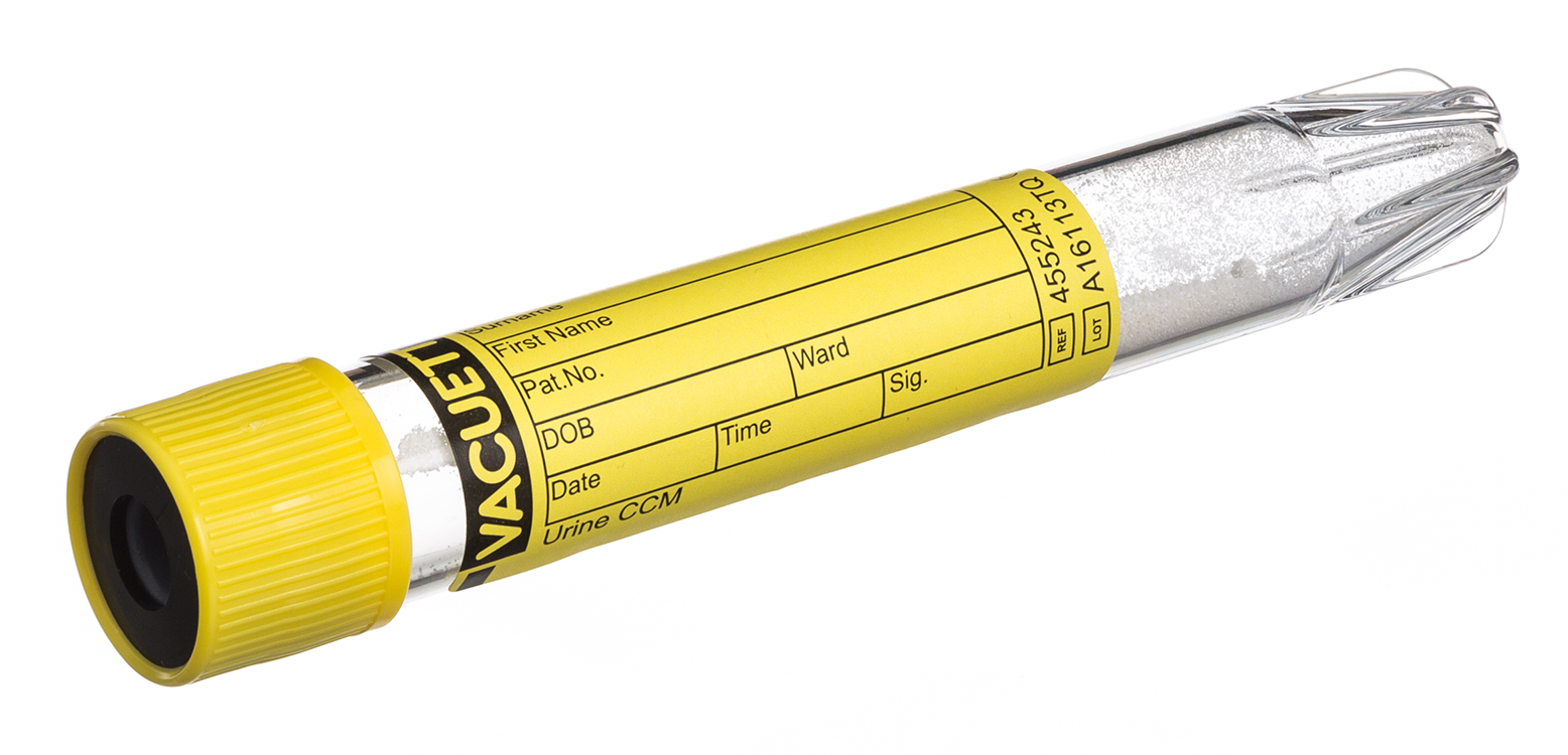 Vacuette urinetube 9ml, 100x16mm, non-ridged yellow with black ring, CCM, conical Greiner