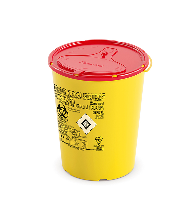 Sharps Container Line Dispo, rond, jaune/rouge, 3 liter, diam. 16,9cm x 20,5cm hauteur, AP Medical