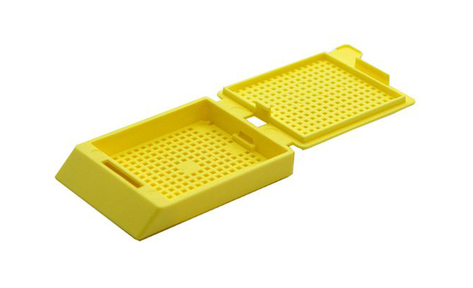 System III Biopsy cassette, with hinged lid, preloaded, yellow, Cellpath, for Leica/Sakura printer