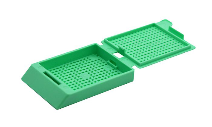 System III Biopsy cassette,  with hinged lid, preloaded, green, Cellpath, for Leica/Sakura printer