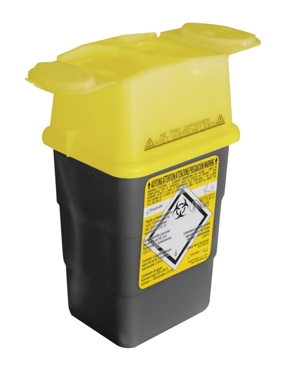 Sharpsafe 1L, zwarte container met geel deksel, 5th GEN