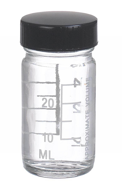 Volumetric graduaded jar in glass, 30ml, 34x70mm, black rubber lined cap 38-400, Wheaton