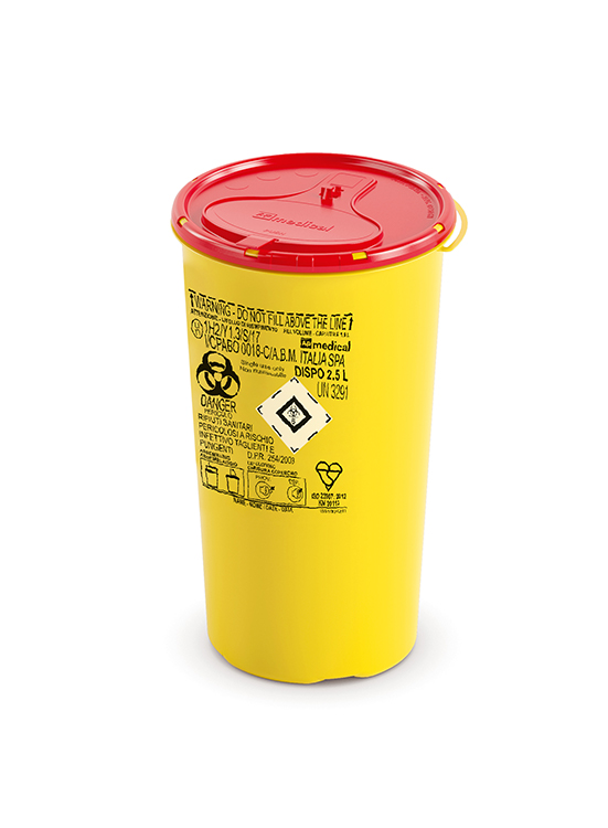 Sharps Container Line Dispo, round, yellow/red,  2,5 liter, diam. 14cm x 24cm height, AP Medical