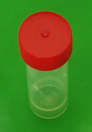 Faeces container 25ml, 25 x 80mm, PP, irradié, avec bouchon à vis rouge, LP