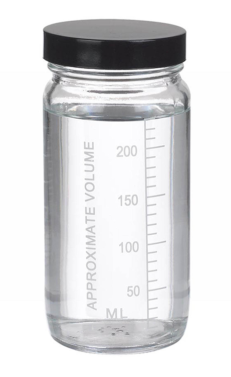 Volumetric graduaded jar in glass, 250ml, 62x119mm, black rubber lined cap 58-400, Wheaton