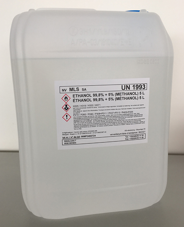 5L Ethanol 99.8%, 5% denatured methanol, récipient en plastique