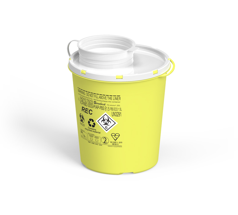 Sharps Container PBS Line, round, yellow/white,  1,5 liter, Ø 14cm x 16,5cm height, eco recycled, AP Medical