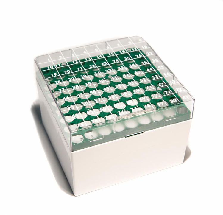 CryoGen box in pc for 81 tubes (internal/external), 132x132mm, green grid Biosigma