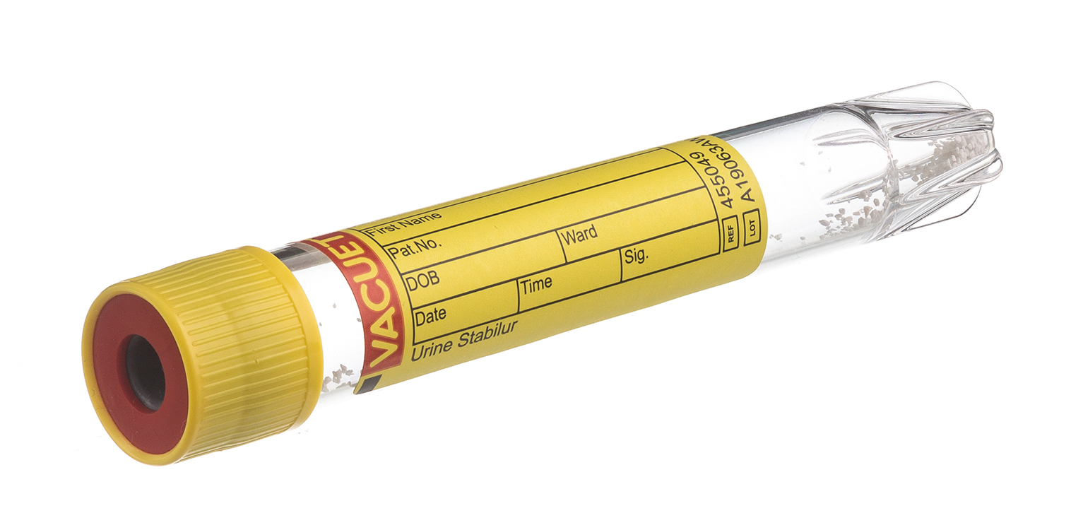 Vacuette urine tube 9ml, 100x16mm, yellow pressure cap, stabilur with conical base, Greiner