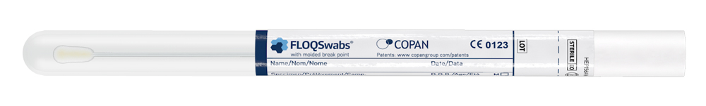 Flocked swab in plain dry tube, pediatric, plastic applicator, nylon tip, sterile, Copan